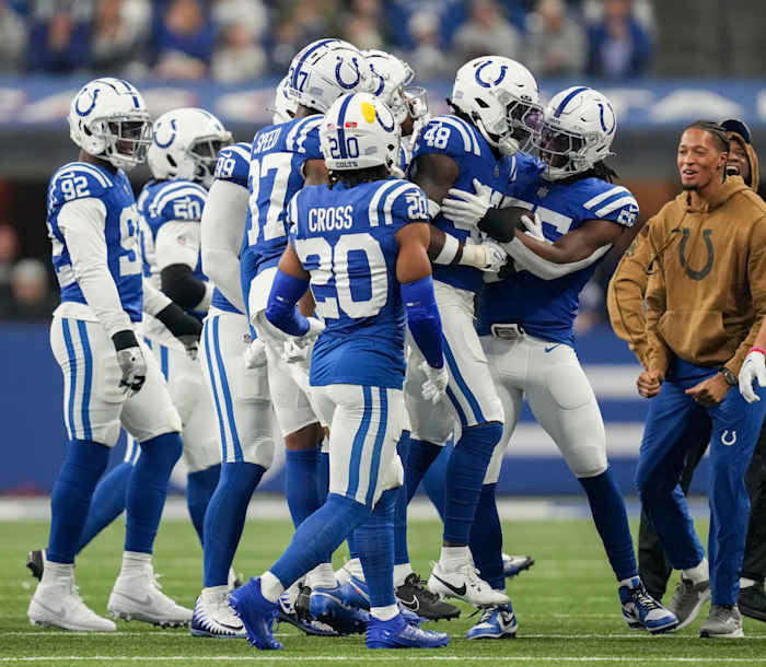 Indianapolis Colts safety Ronnie Harrison Jr. (48) celebrates with his teammates after making an interception Sunday, Nov. 26, 2023, during a game against the Tampa Bay Buccaneers at Lucas Oil Stadium in Indianapolis.